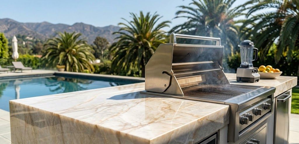 This luxurious outdoor kitchen island on a sun-drenched patio features a rugged yet beautiful Quartzite countertop.